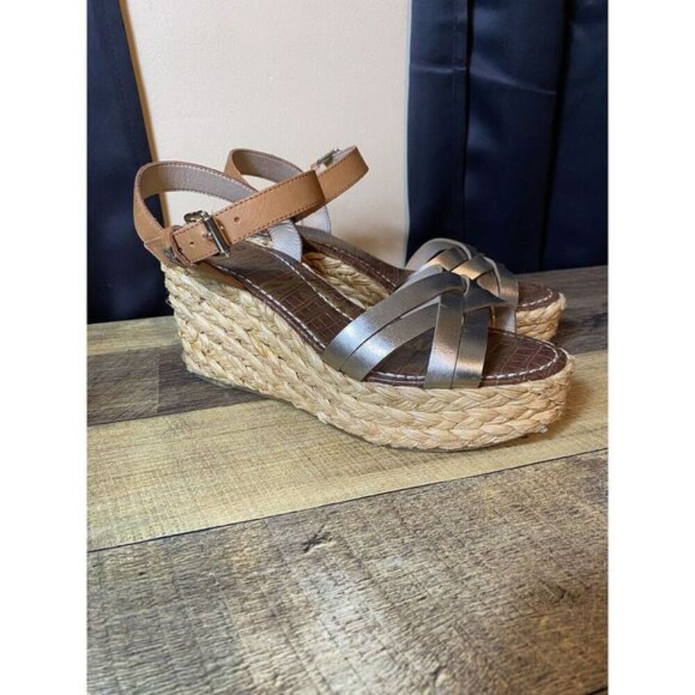 Sam Edelman Womens Size 9.5 Espadrilles Wedges Woven Brown Ankle Straps Metallic